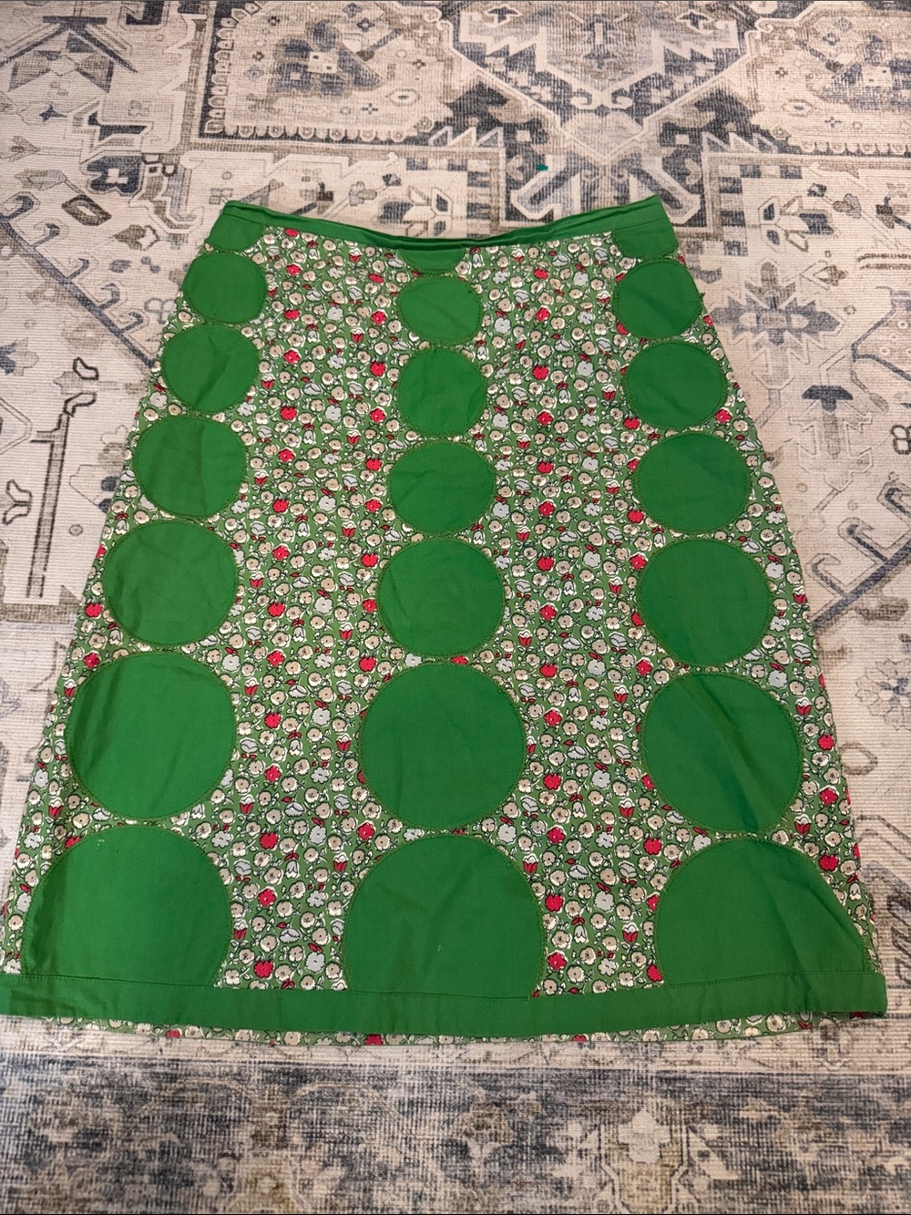 Whimsical 100% Cotton Boden Green Floral Circle Appliqué A-Line Skirt Size 4